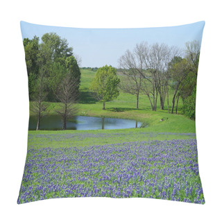 Personality  River In Countryside With Texas Bluebonnet Wildflowers In Full Bloom During Spring Season Pillow Covers