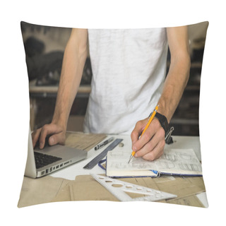 Personality  Consumer Accessories Or Bags Designer At Work In Workshop. Hands Of Young Male Person With Pencil, Draft Paper And Laptop Computer At A Working Table Of Small Manufacture Facilities Or Office Pillow Covers