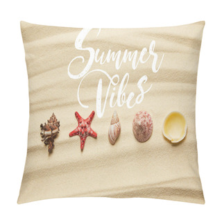 Personality  Flat Lay Of Seashells And Red Starfish On Sandy Beach In Summertime With Summer Vibes Illustration Pillow Covers