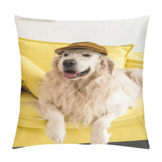 Personality  Cute Golden Retriever Lying On Colorful Yellow Sofa In Cap And Glasses Pillow Covers