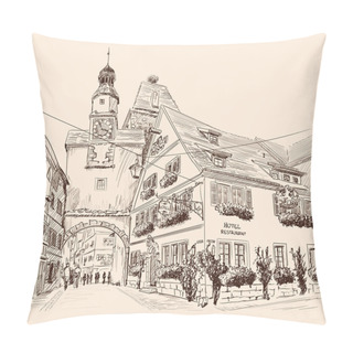 Personality  Sketch Of The Central Street Of A European City With Multi-storey Buildings And Pedestrians. Pillow Covers