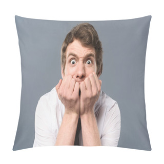 Personality  Stressed And Scared Businessman With Funny Face Expression On Grey Background Pillow Covers