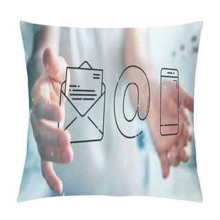 Personality  Businessman On Blurred Background Using Thin Line Contact Icon Pillow Covers