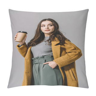 Personality  Attractive Girl In Beige Coat Holding Coffee To Go, Isolated On Grey Pillow Covers