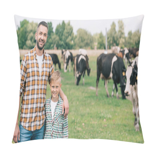 Personality  Happy Father And Son Smiling At Camera While Standing Near Grazing Cattle At Farm  Pillow Covers