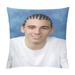 Personality  Attractive Young Child With Plaits Is Posing In Studio On Isolated Background. Style, Trends, Fashion Concept. Pillow Covers