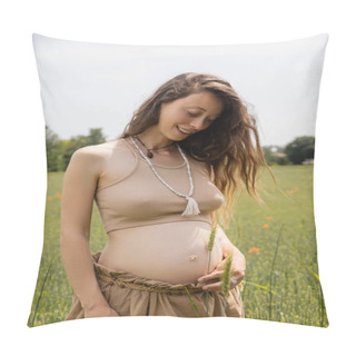 Personality  Cheerful Pregnant Woman Holding Spikelet Near Belly In Field  Pillow Covers