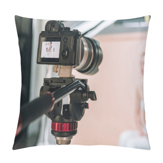 Personality  Selective Focus Of Attractive Model Reflecting On Camera Display Pillow Covers