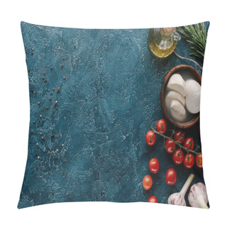 Personality  Mozzarella Cheese With Tomatoes And Condiments On Dark Blue Table Pillow Covers