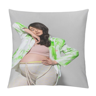 Personality  Pregnant Woman With Wavy Brunette Hair, Wearing Green And White Jacket, Crop Top, Leggings And Beads Belt Standing With Hand On Hip And Looking Away On Grey Background, Trendy Pregnancy Concept Pillow Covers