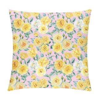 Personality  Delicate Flowers. Yellow Roses, Buds And Leaves, Floral Background, Watercolor Seamless Pattern Pillow Covers