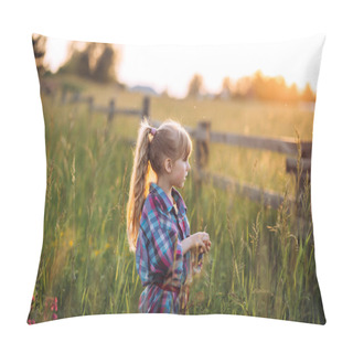 Personality  Little Girl Looking Far Away, Standing Near Wood Fence In Beautiful Field. Walk In Field During Summer Sunset. Image With Selective Focus And Toning. Image With Noise. Pillow Covers