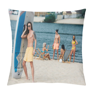 Personality  Handsome Young Man Looking At Camera While Standing Near Surfboard On Beach Pillow Covers