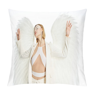Personality  Serene Beauty And Purity, Woman In Costume Of Ethereal Angel Standing With Closed Eyes On White Pillow Covers