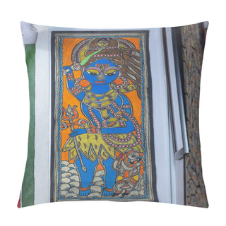 Personality  New Delhi, India - November 18 2023: Handmade Painting Of Lord Krishna On Wooden Canvas With White Background. Pillow Covers