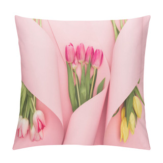 Personality  Top View Of Pink And Yellow Tulips Wrapped In Paper Spiral Swirls On Pink Background Pillow Covers