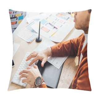 Personality  Cropped View Of Developer Using Computer Near Layouts Of Ux Design On Table  Pillow Covers