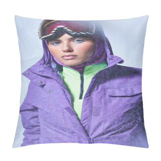 Personality  Attractive Woman In Balaclava, Purple Winter Jacket And Ski Googles Posing On Grey, Snowing Day Pillow Covers