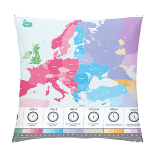 Personality  Europe Time Zones High Detailed Map With Location And Clock Icons.  Pillow Covers