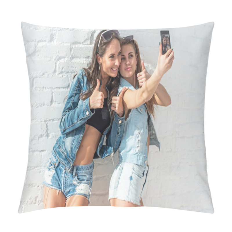 Personality  Two Girls Friends Taking Selfie Together Wearing Jeans Jackets And Shorts Summer Jeanswear Street Urban Casual Style Having Fun. Pillow Covers