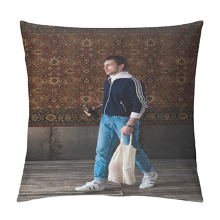 Personality  Young Man In Old School Clothes With String Bag And Bottle Of Beer In Front Of Rug Hanging On Wall Pillow Covers