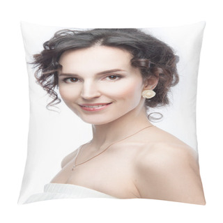 Personality  Studio Portrait Of A Beautiful Brunette With Evening Hairdo And  Pillow Covers