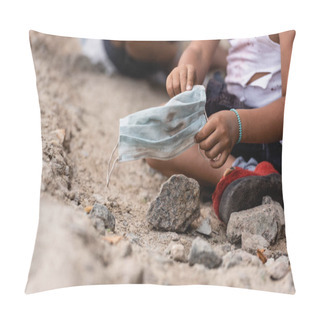 Personality  Cropped View Of Poor African American Kid Holding Dirty Medical Mask Pillow Covers