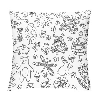 Personality  Vector Forest Elements In Doodle Childish Style, Handdrawn Animals And Insects, Trees And Plants. Pillow Covers