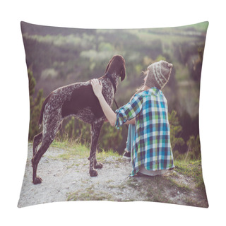 Personality  Woman And Her Dog Posing Outdoor. Active Lifestyle With Dog.  Pillow Covers
