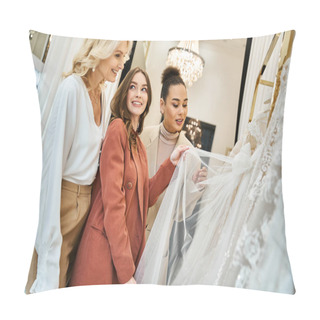 Personality  Three Women, A Young Beautiful Bride, Her Mother, And Best Friend, Looking At A Wedding Dress In A Store. Pillow Covers