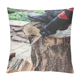 Personality  Reciprocating Power Saw Sawing Round Timber Closeup Pillow Covers