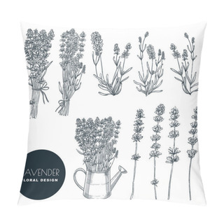 Personality  Lavender Flowers Set, Vector Sketch Illustration. Hand Drawn Bouquets And Floral Design Elements. Lavender Isolated On White Background. Pillow Covers