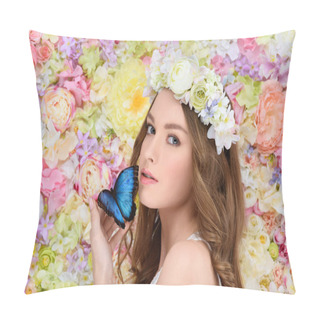 Personality  Beautiful Young Woman In Floral Wreath With Butterfly On Hand Pillow Covers