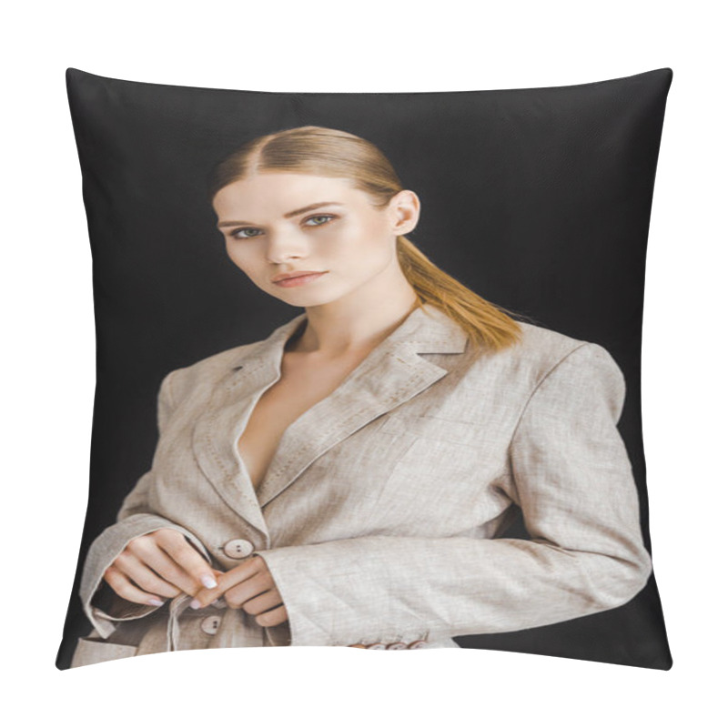 Personality  Fashionable Young Woman In Vintage Jacket Looking At Camera Isolated On Black Pillow Covers