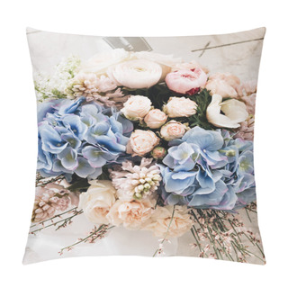 Personality  Beautiful Spring Bouquet With Tender Pink Ranunculus Flowers And Blue Hydrangea, Elegant Floral Decoration  Pillow Covers