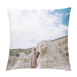 Personality  Couple Holding Hands And Standing In Sand Canyon With Cludy Sky Pillow Covers