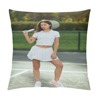 Personality  Vacation Concept, Athletic Young Woman With Brunette Long Hair Standing In White Outfit, Skirt And Polo Shirt While Holding Racket In Tennis Court In Miami, Florida, Female Player, Travel Pillow Covers