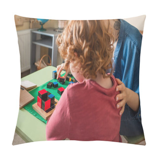 Personality  Back View Of Redhead Boy Playing Educational Game With Teacher In Montessori School Pillow Covers