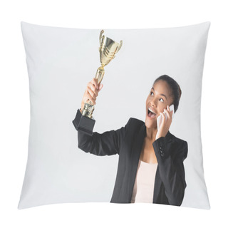 Personality  Happy African American Businesswoman With Golden Cup Talking On Smartphone Isolated On Grey Pillow Covers