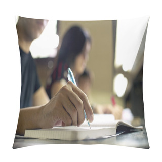 Personality  Young Man Doing Homework And Studying In College Library Pillow Covers