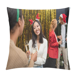 Personality  Smiling Asian Businesswoman Holding Champagne And Talking To Multiracial Colleague During Christmas Party In Office  Pillow Covers