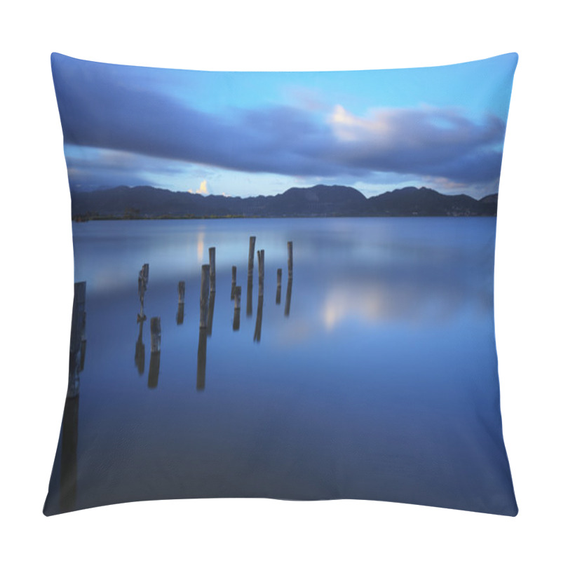 Personality  Wooden pier or jetty remains on a blue lake sunset and sky refle pillow covers