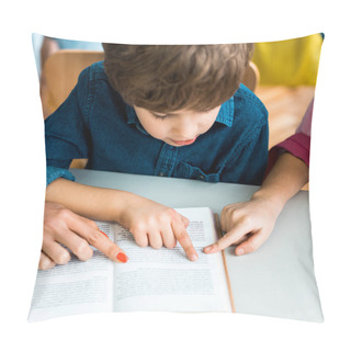 Personality  Cropped View Of Woman And Child Pointing With Fingers At Book Near Boy Pillow Covers