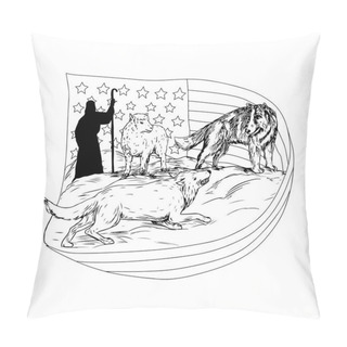 Personality  Drawing Sketch Style Illustration Of A Sheepdog Or Border Collie Defend A Lamb From Being Attacked And Preyed On By Lamb With American Stars And Stripes Flag And Shepherd In Bakcground. Pillow Covers