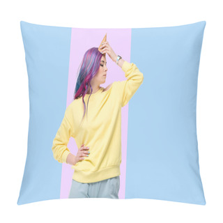 Personality  Young Woman Pretending Unicorn With Waffle Cone On Forehead On Creative Background Pillow Covers