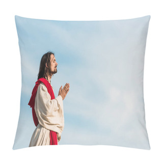 Personality  Man With Closed Eyes Praying Against Blue Sly  Pillow Covers