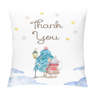 Personality  Cute Happy Birthday Card With Cartoon Mouse And Spruce Tree, Winter Mood, Snow. Watercolor Clip Art And Beauty Boho Style. Baby Shower Card Nursery Pillow Covers