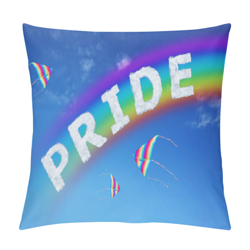 Personality  Pride sign made of clouds letters and colorful kite over blue sky with rainbow pillow covers