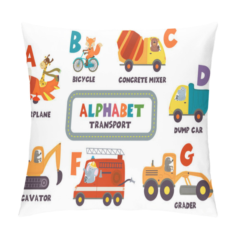 Personality  Alphabet With Transport And Animals A To G - Vector Illustration, Eps Pillow Covers