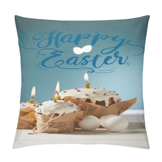 Personality  Traditional Easter Cakes With Burning Candles And White Chicken Eggs On Blue Background With Happy Easter Lettering Pillow Covers